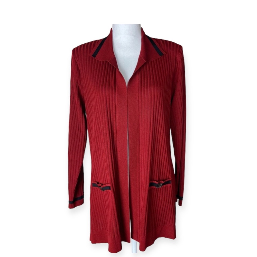 Exclusively Misook Red Black Long Sleeve Open Front Jacket Acrylic Medium